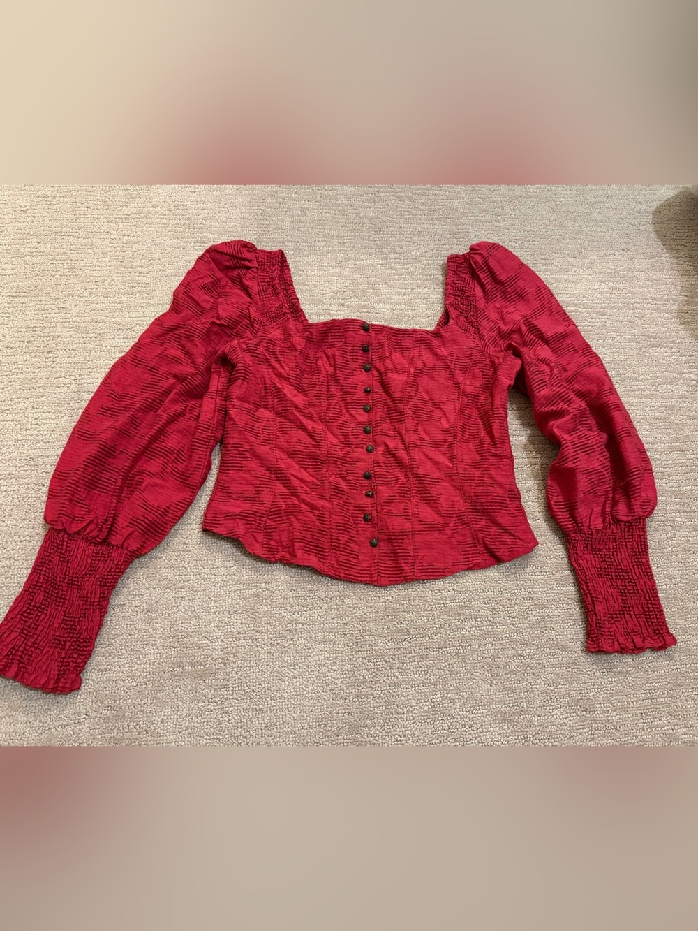 Anthropologie Crimson Red Textured Square-Neck Button-Front Top